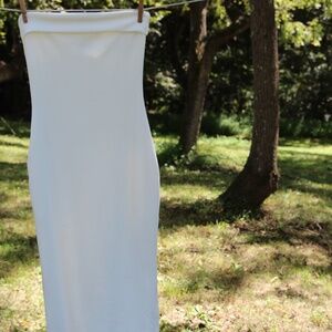 PrettyGarden White Strapless Ribbed Maxi Dress S